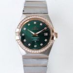 Perfect Replica Swiss Grade Omega Constellation Rose Gold Diamond Bezel Green Dial Watch